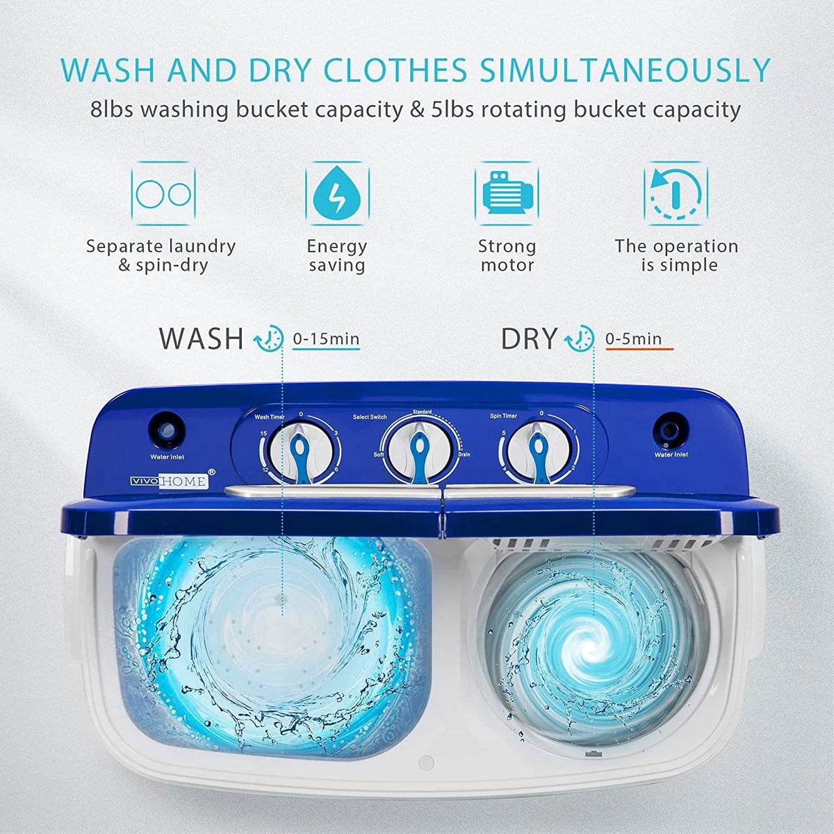 Portable 13.5Lbs Twin Tub Mini Clothes Washer with Drain Hose T780