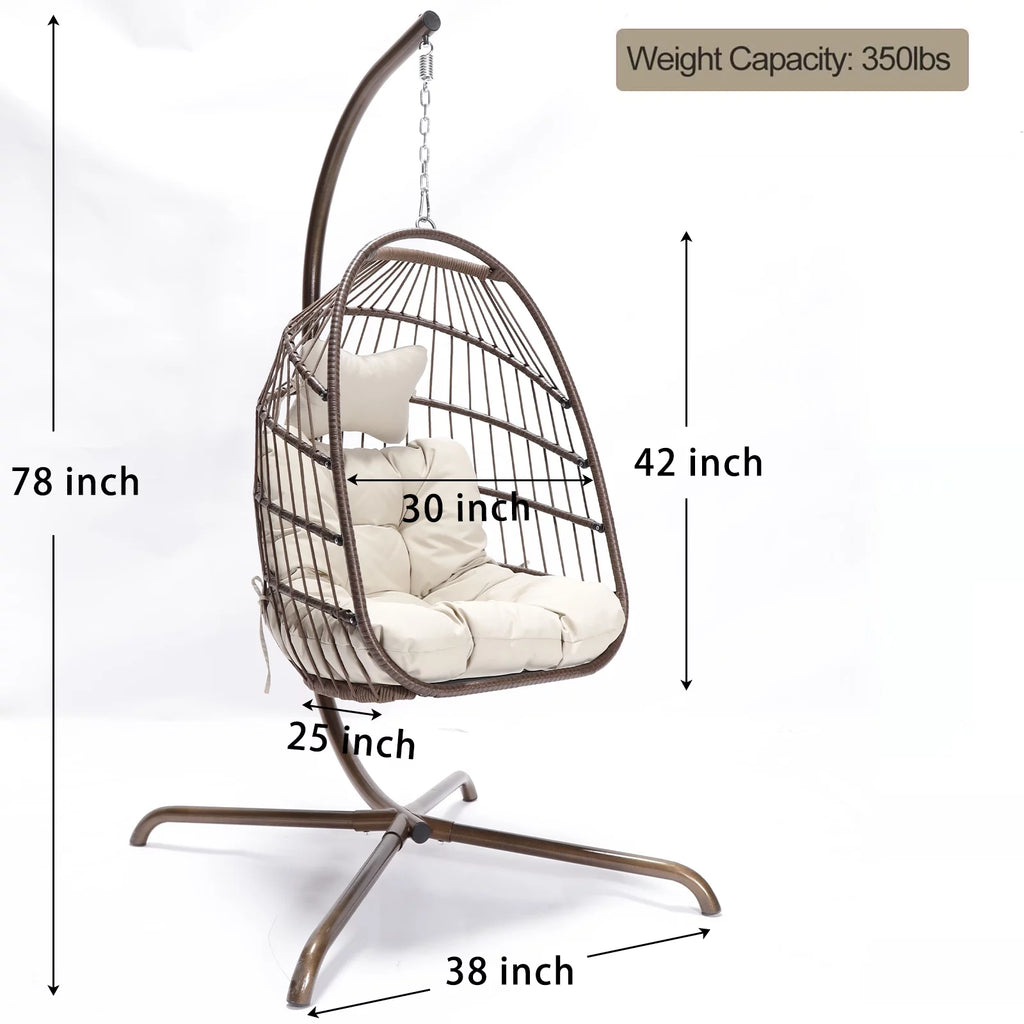 Foldable Brown PE Wicker Hanging Egg Chair with Stand Z655083