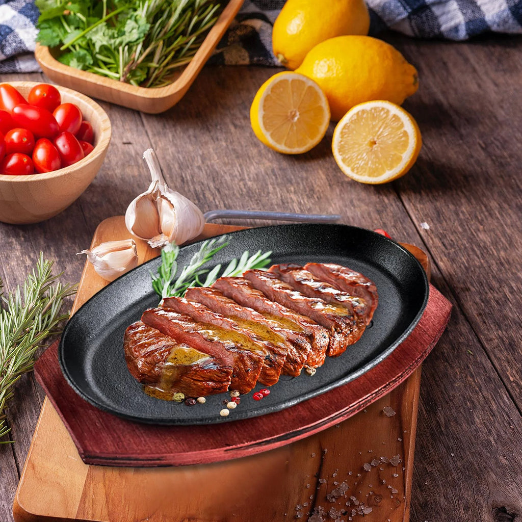 Oval Nonstick Sizzling Steak Plate with Bamboo Tray W628
