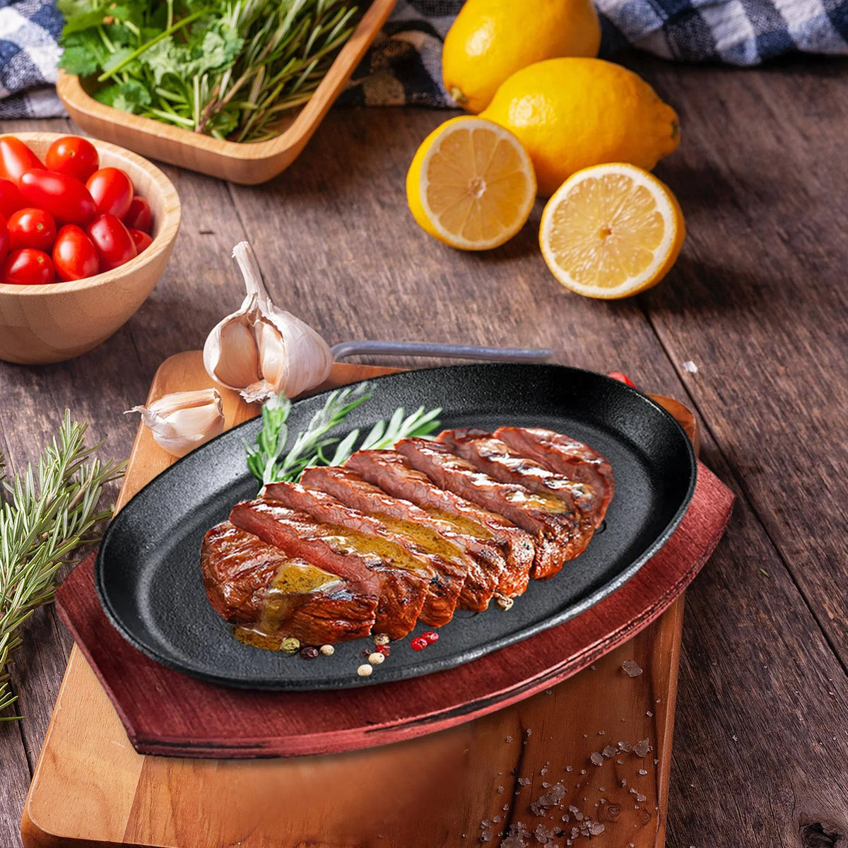 Oval Nonstick Sizzling Steak Plate with Bamboo Tray W628