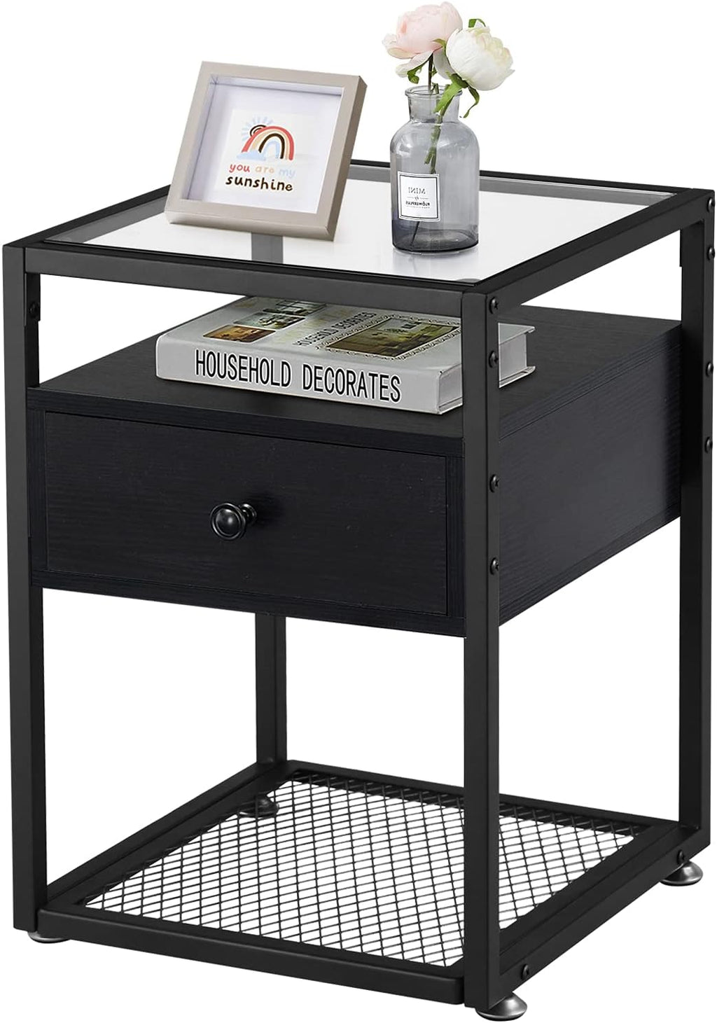 Brown+Black Tempered Glass Nightstand with Drawer G947