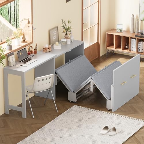 White Twin Folding Murphy Bed with Mattresses and Desk I9970