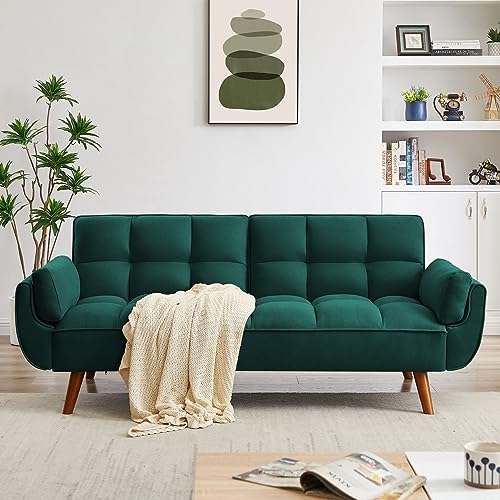 76 Inch Tufted Linen Fabric Convertible Sleeper Sofa with Adjustable Positions and Solid Wooden Legs, Yellow S337