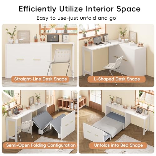 White Twin Folding Murphy Bed with Mattresses and Desk I9970