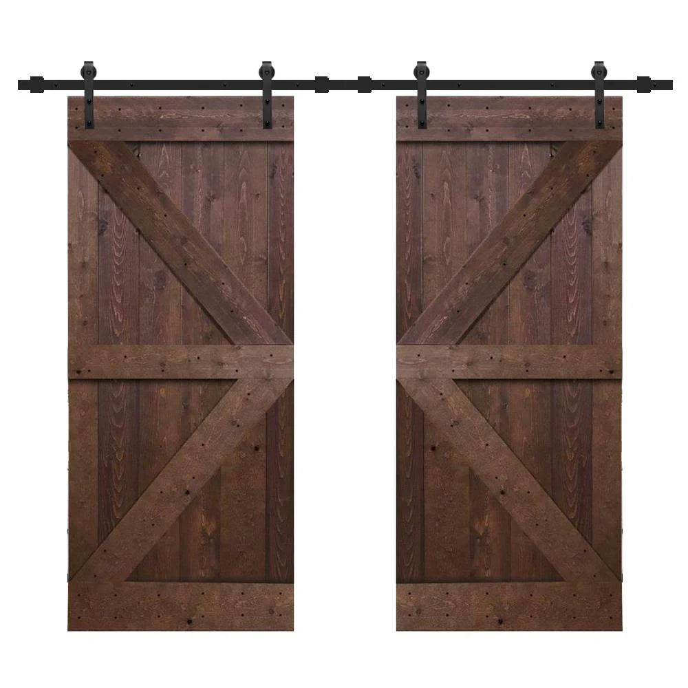 36 in. x 84 in. Walnut Stain Solid Knotty Pine Wood Double Interior Sliding Barn Doors with Hardware Kit E824800