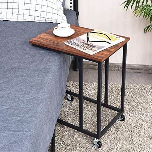 Mobile C Shaped Side Table with Lockable Wheels (Walnut) B8091