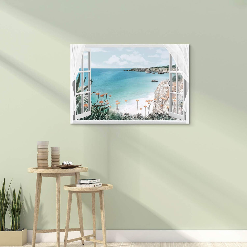 Blue Ocean Beach Window Canvas Art 36'' x 24'' I820652