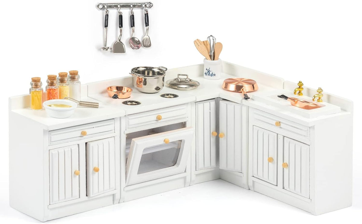 24 Pieces Miniature Dollhouse Furniture Kitchen Set Wooden White N312