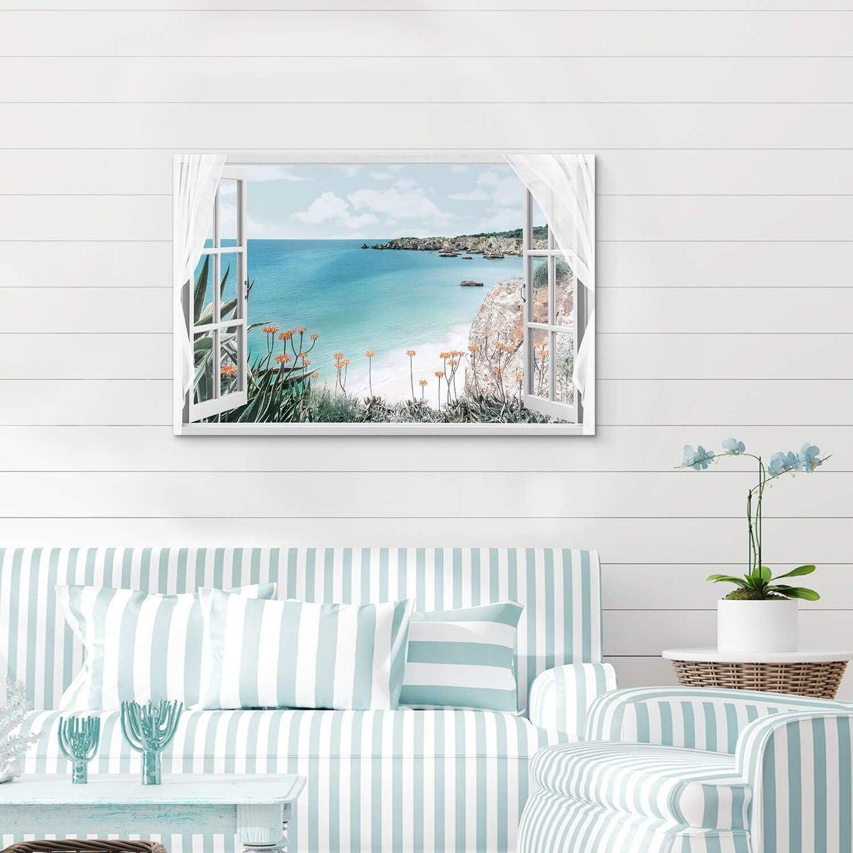 Blue Ocean Beach Window Canvas Art 36'' x 24'' I820652