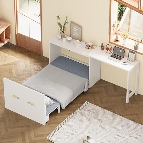 White Twin Folding Murphy Bed with Mattresses and Desk I9970