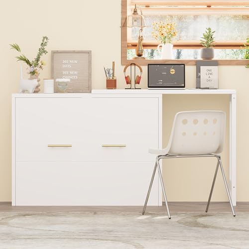 White Twin Folding Murphy Bed with Mattresses and Desk I9970
