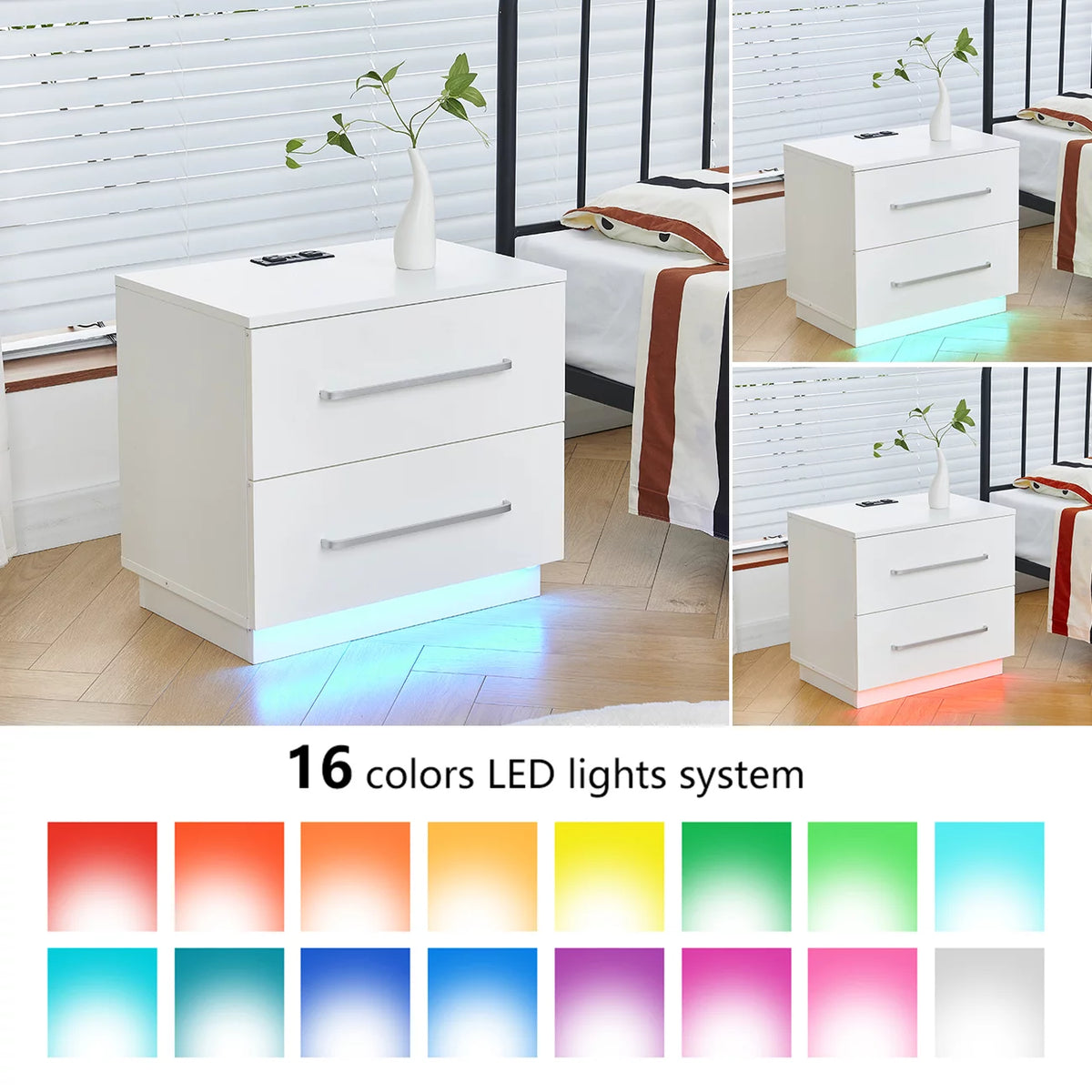White High Gloss End Table with Charging Station and Storage Drawer O24834