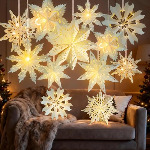 18Pcs 3D Paper Snowflake Lanterns with LED Lights G727442