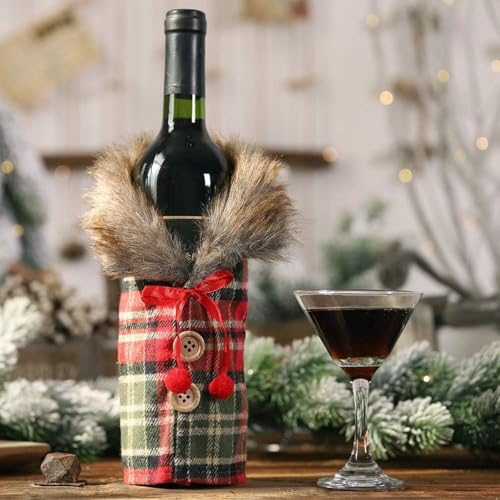 4Pcs Christmas Wine Bottle Cover Linen Plaid V9554