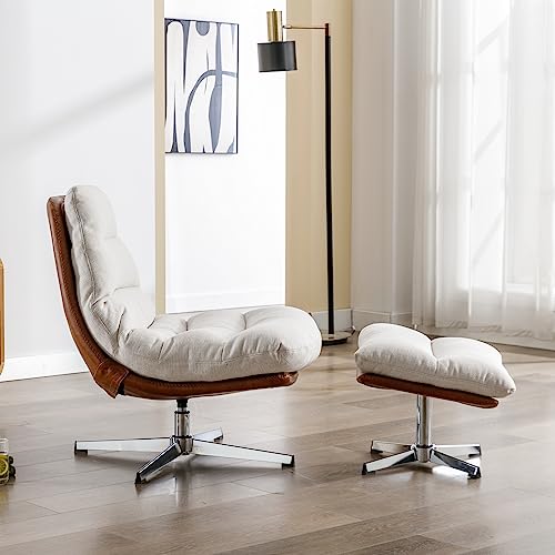 Cream Linen Swivel Accent Chair with Ottoman L90467