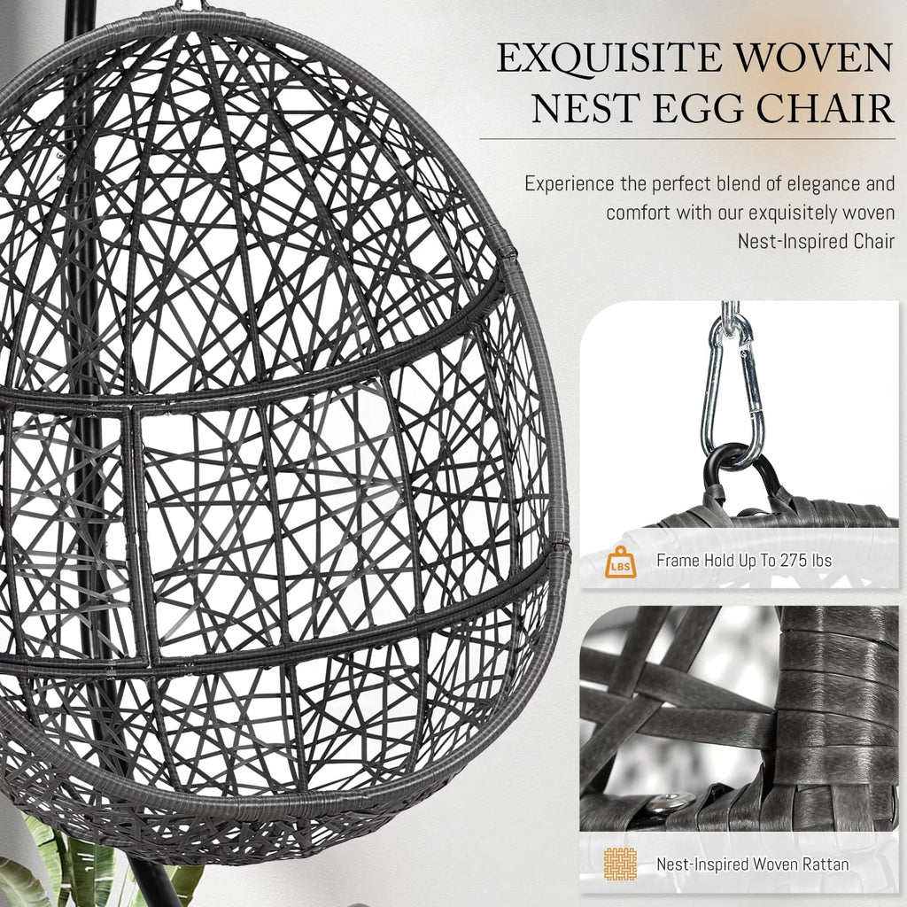 Oversized Black Hanging Swing Egg Chair with Stand and Beige Set J860