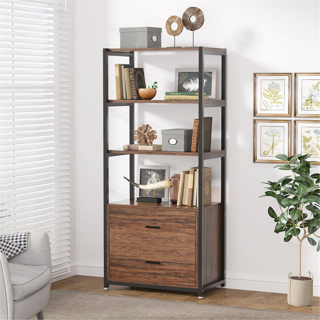 Brown/Black 4-Tier Bookcase with 2 Drawers D5782