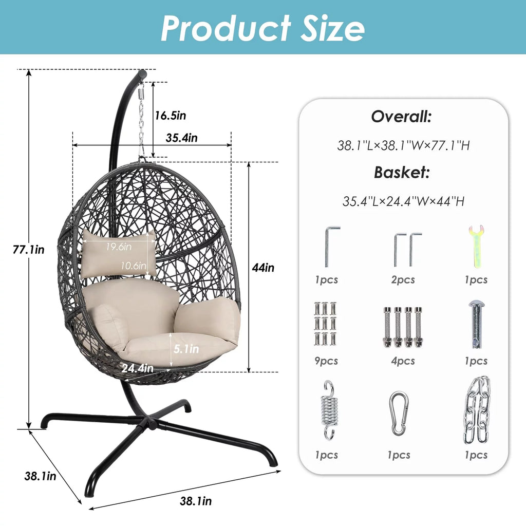 Oversized Black Hanging Swing Egg Chair with Stand and Beige Set J860
