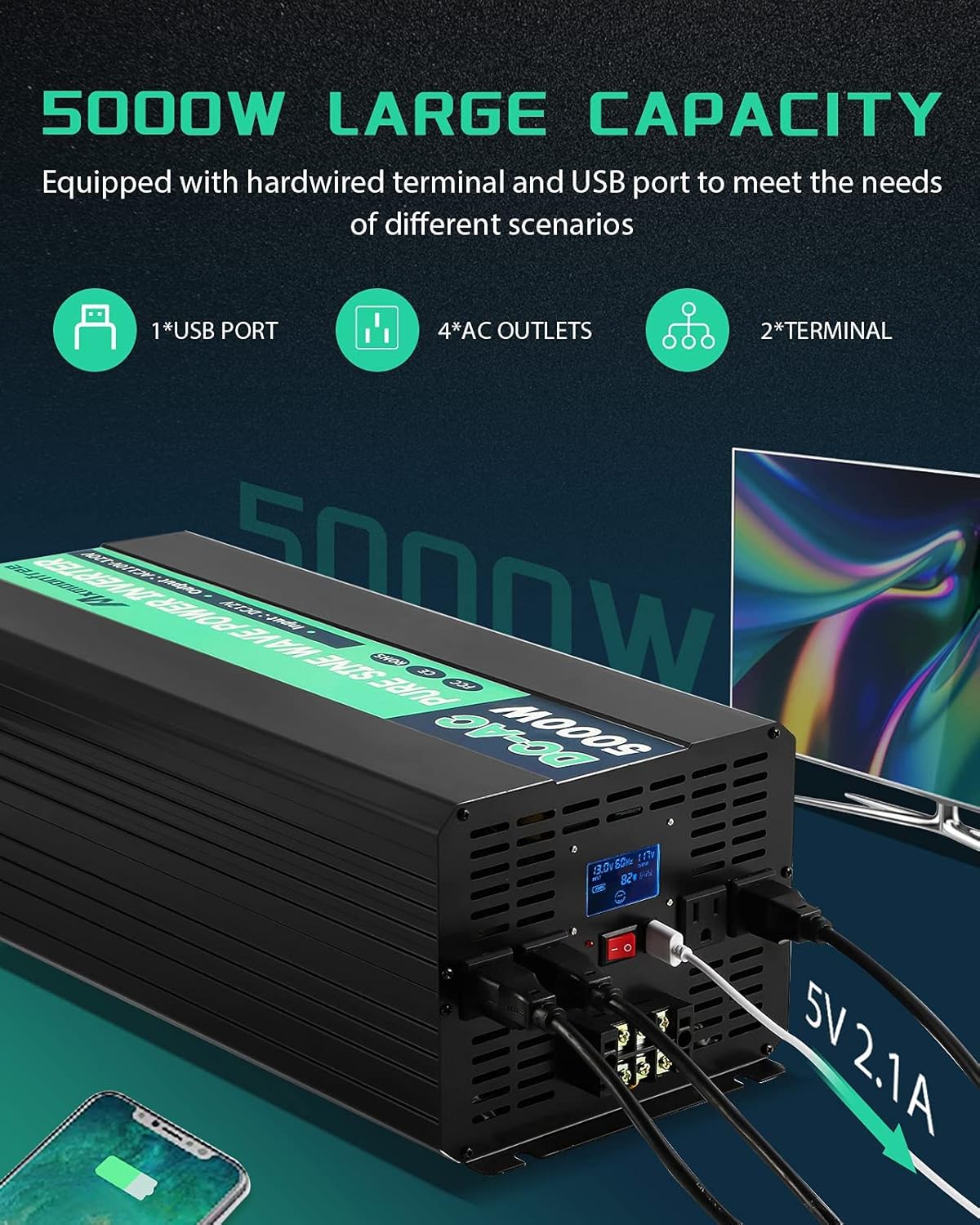 5000W Pure Sine Wave Power Inverter 12V DC to 110V AC with Wireless Remote Control LCD Display G4137