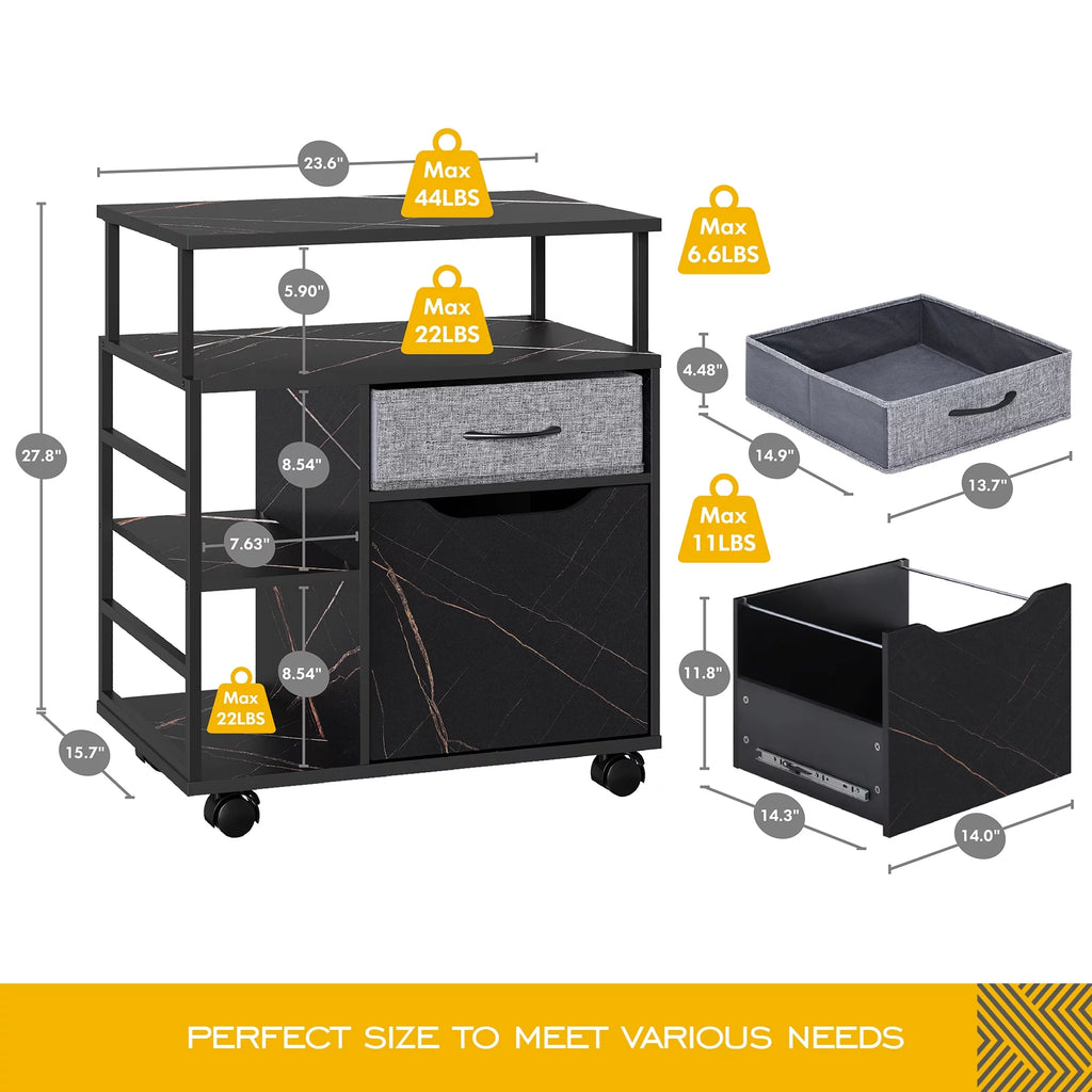 Black Marbled Mobile Office Storage Cabinet with Sliding Filing Drawers E97929
