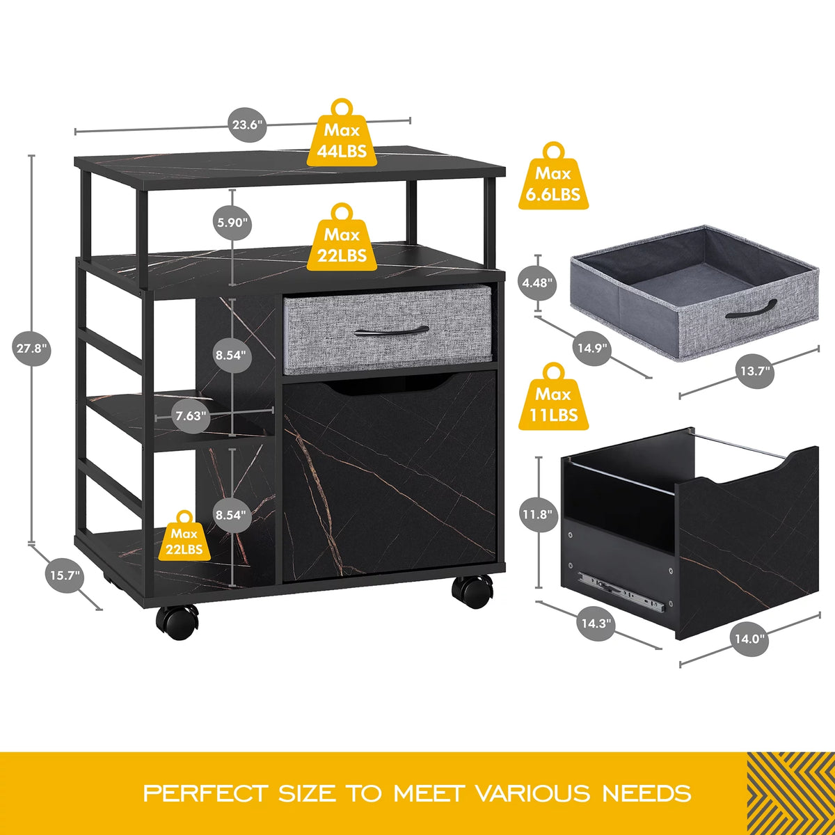 Black Marbled Mobile Office Storage Cabinet with Sliding Filing Drawers E97929