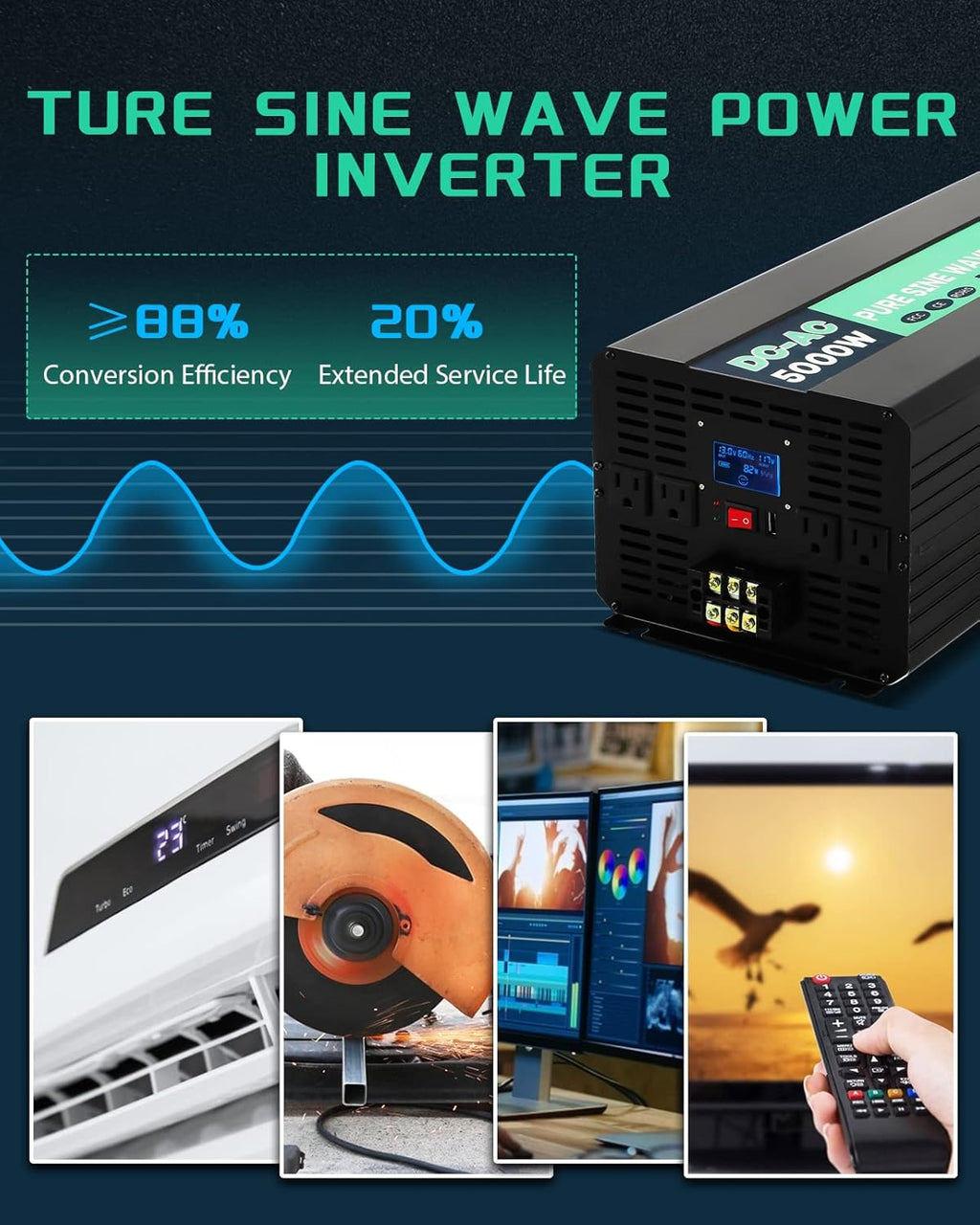 5000W Pure Sine Wave Power Inverter 12V DC to 110V AC with Wireless Remote Control LCD Display G4137