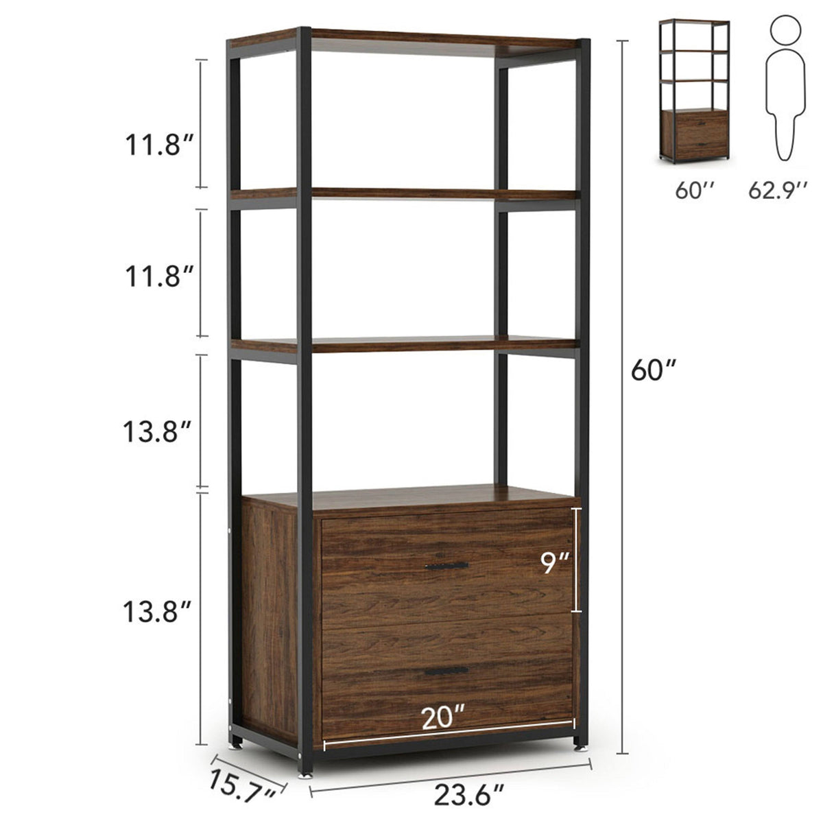 Brown/Black 4-Tier Bookcase with 2 Drawers D5782
