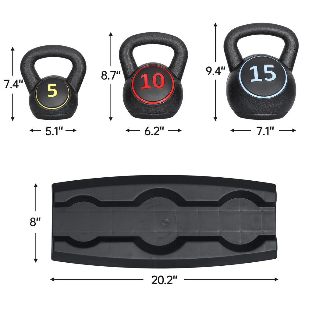 3 Piece 5lb 10lb 15lb Kettlebell Set with Storage Rack T269895