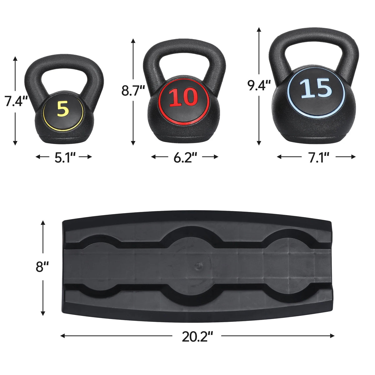 3 Piece 5lb 10lb 15lb Kettlebell Set with Storage Rack T269895