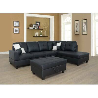 Black Faux Leather Sofa and Chaise with Ottoman H60876