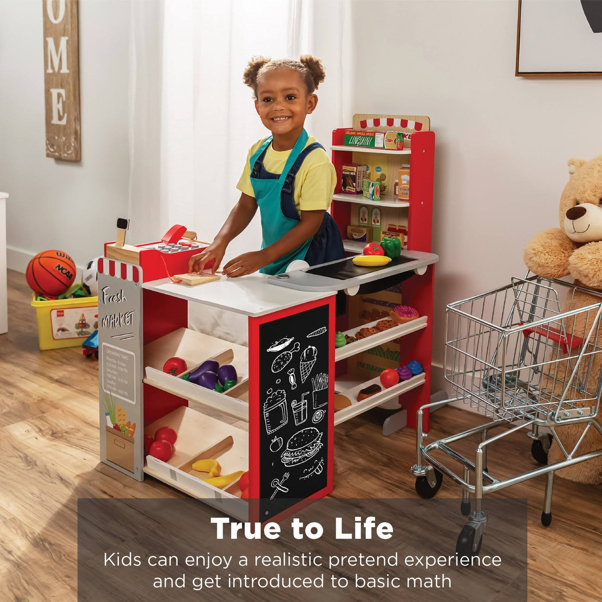Pretend Play Grocery Store Supermarket Set with Working Conveyor, Cash Register, Play Food, Chalkboard G4732