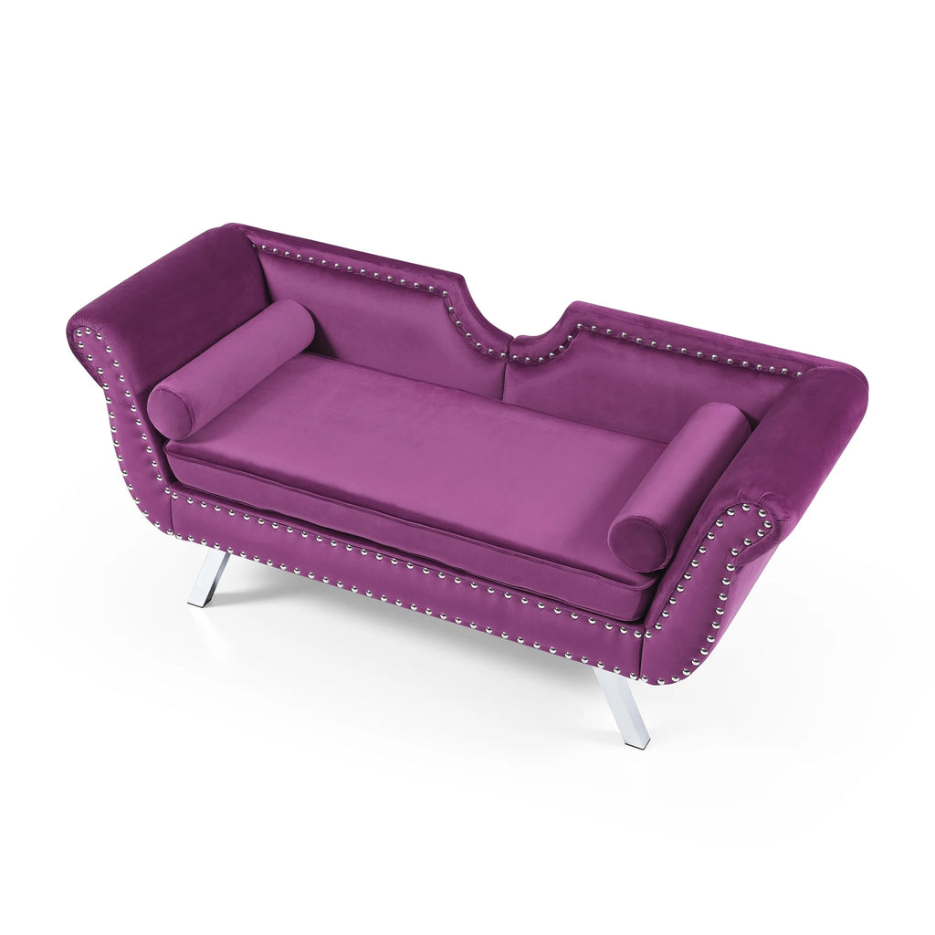 Purple Velvet Upholstered Loveseat with Removable Cushion Silver Metal Legs Y1365