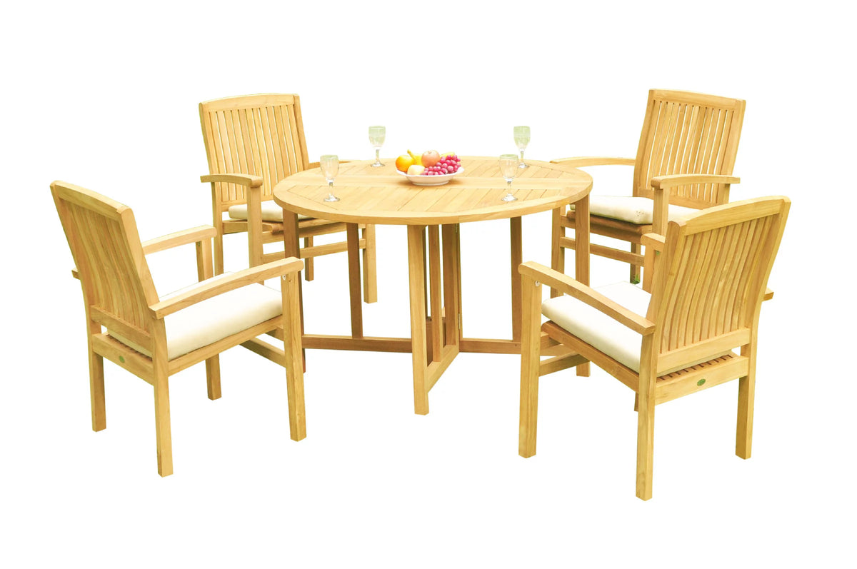 Grade-A Teak 5 Pc Dining Set with 48" Round Butterfly Table and 4 Stacking Arm Chairs Y4546