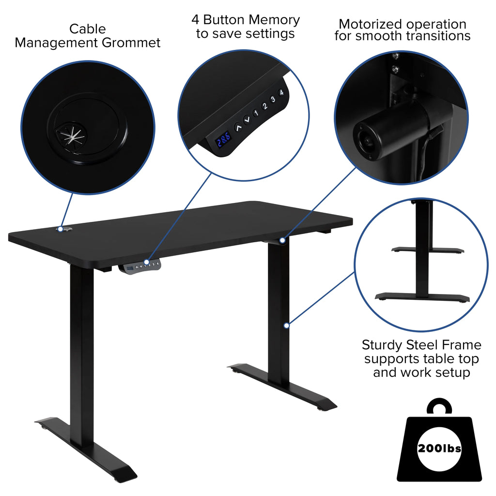 Electric Height Adjustable Standing Desk 48" Wide 24" Deep Black K828