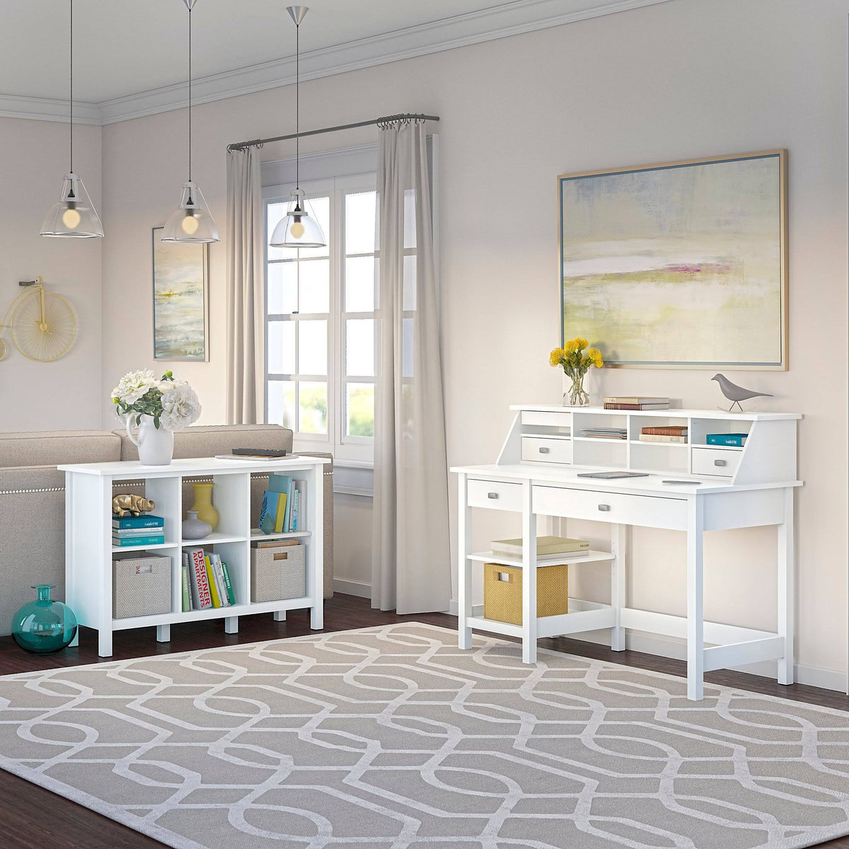 Pure White Computer Desk with Bookcase and Organizer L518230