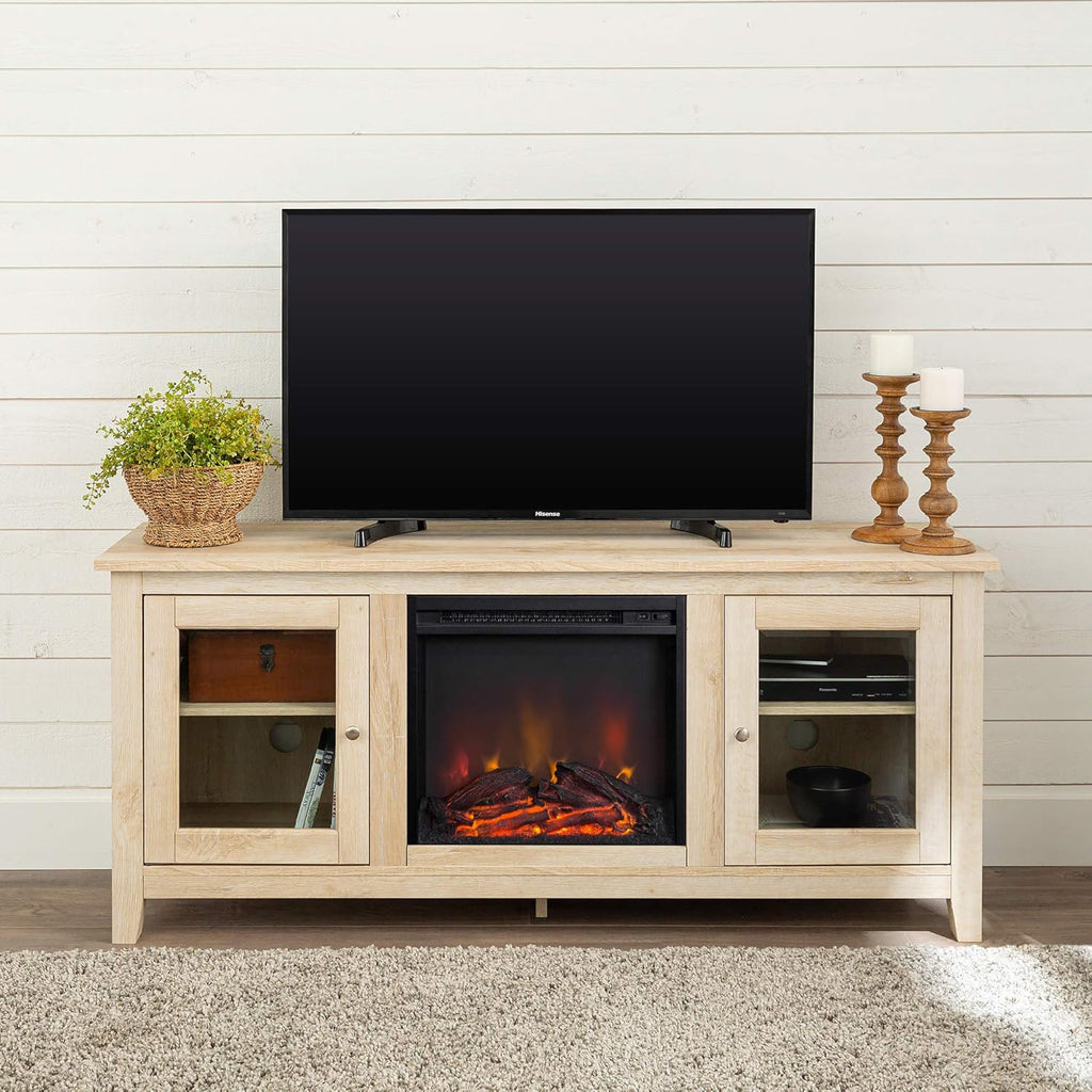 Rustic Wood and Glass Fireplace TV Stand, 58 Inch, Traditional Brown Z137