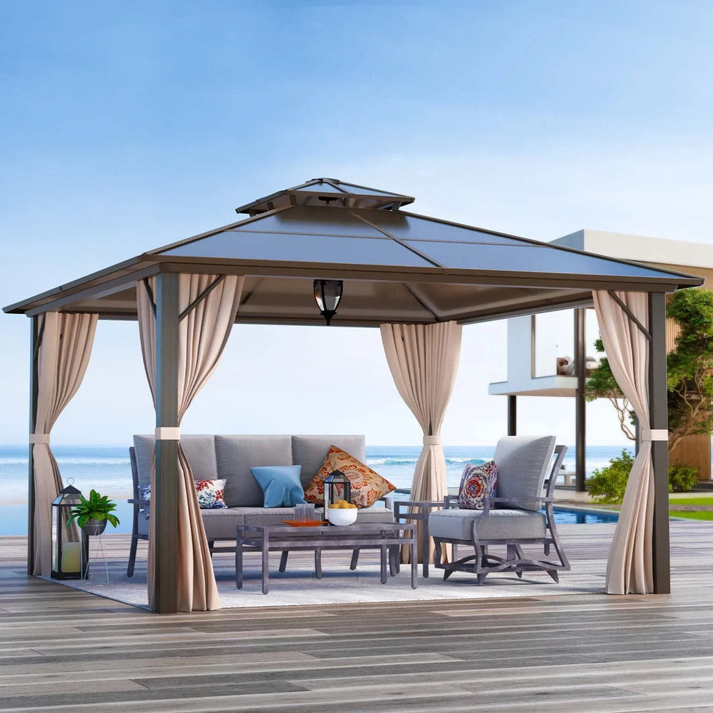 12 ft Polycarbonate Double Roof Hardtop Gazebo Canopy, Beige W926