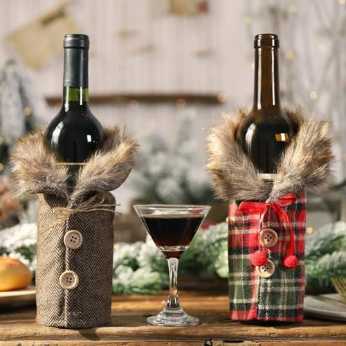 4Pcs Christmas Wine Bottle Cover Linen Plaid V9554