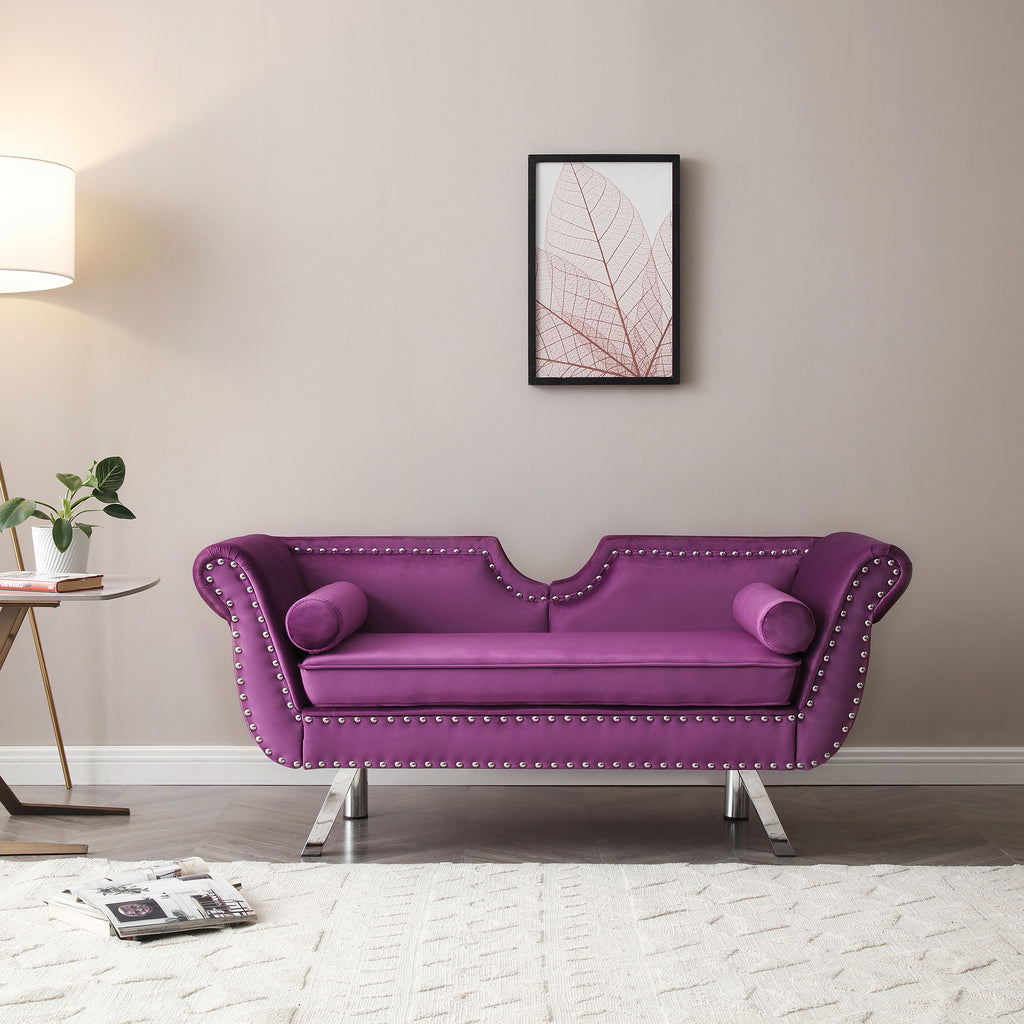 Purple Velvet Upholstered Loveseat with Removable Cushion Silver Metal Legs Y1365