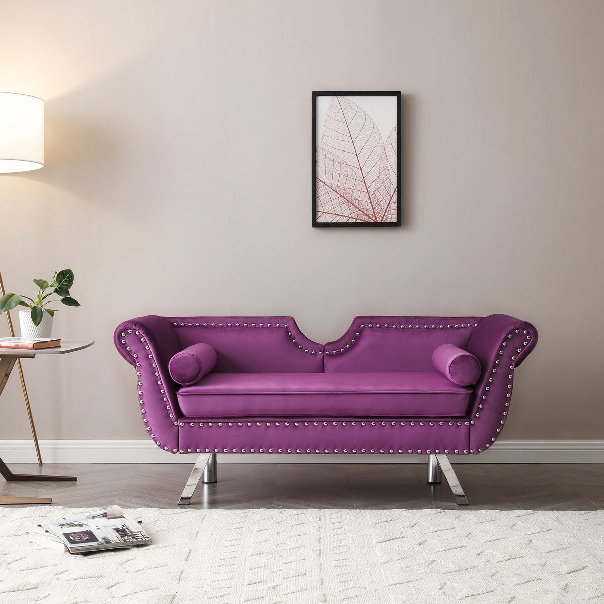Purple Velvet Upholstered Loveseat with Removable Cushion Silver Metal Legs Y1365