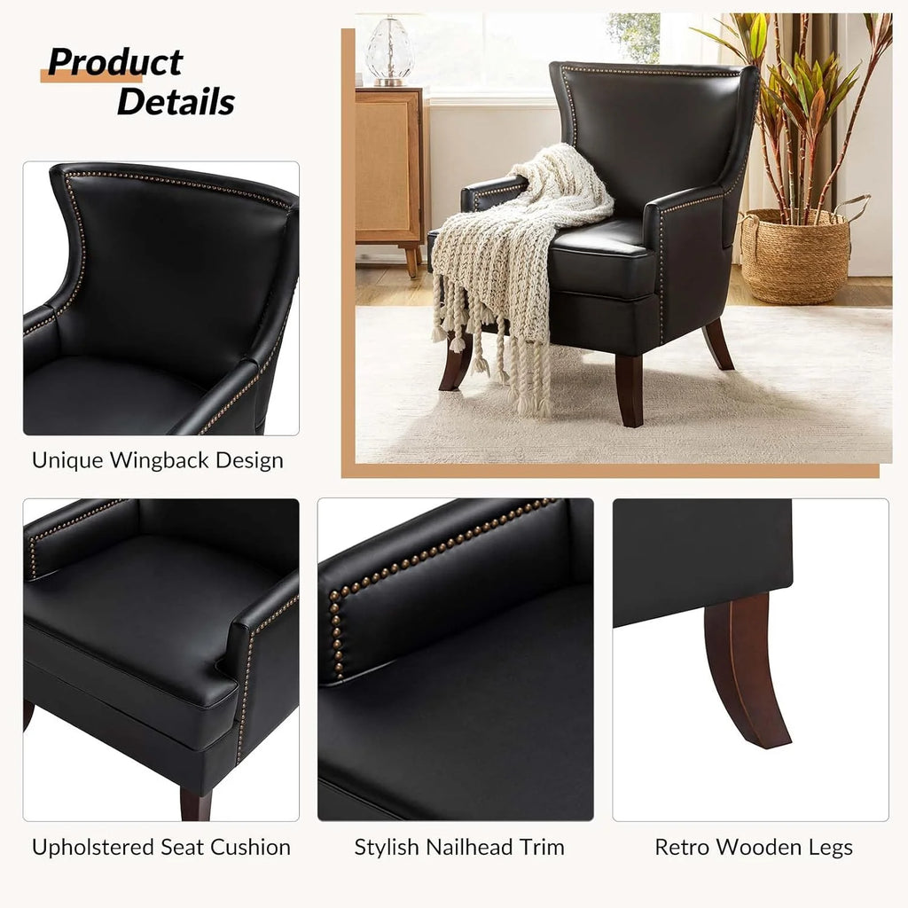Black Faux Leather Wingback Accent Chair with Nailhead Trim P486030