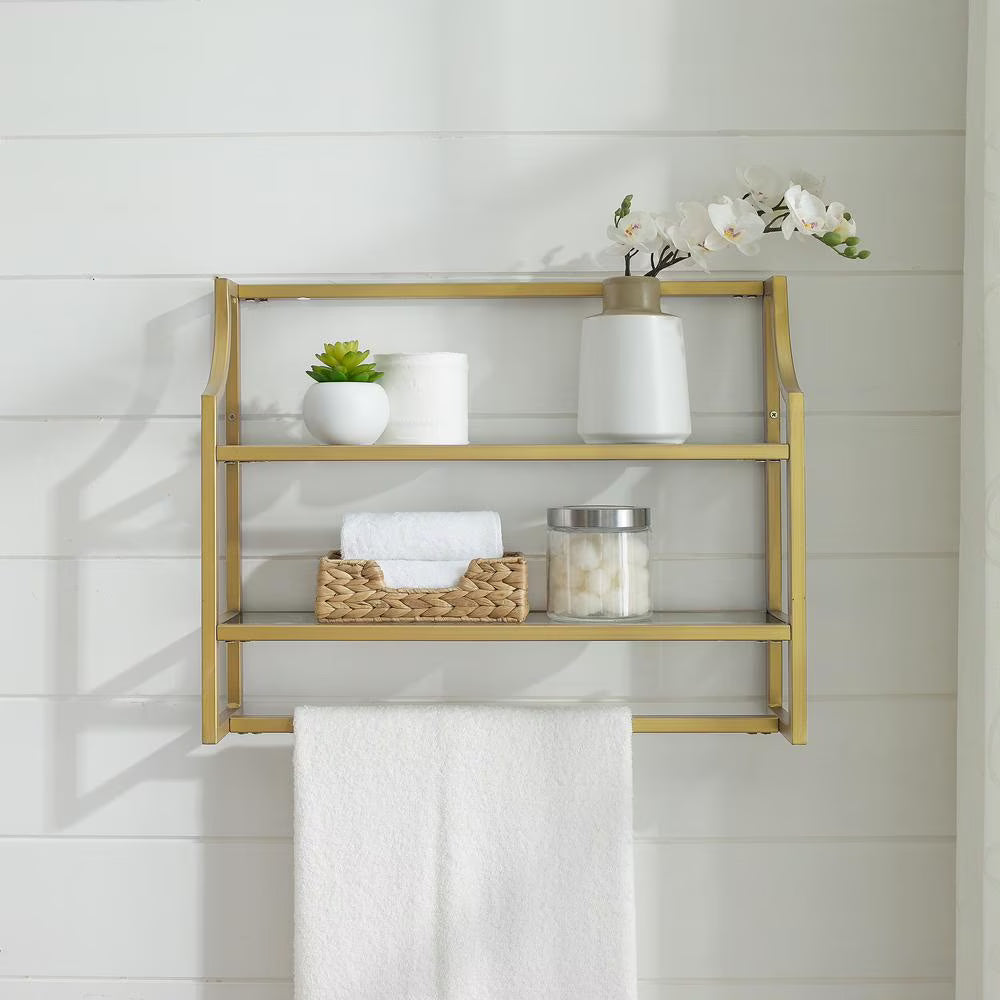 Soft Gold 2 Shelf Glass Metal Wall Shelf O56163