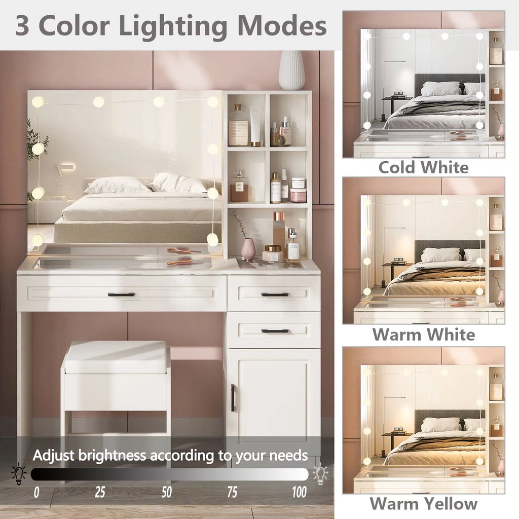 White 45in Vanity Desk Set with Lighted Mirror and Glass Desktop C9283