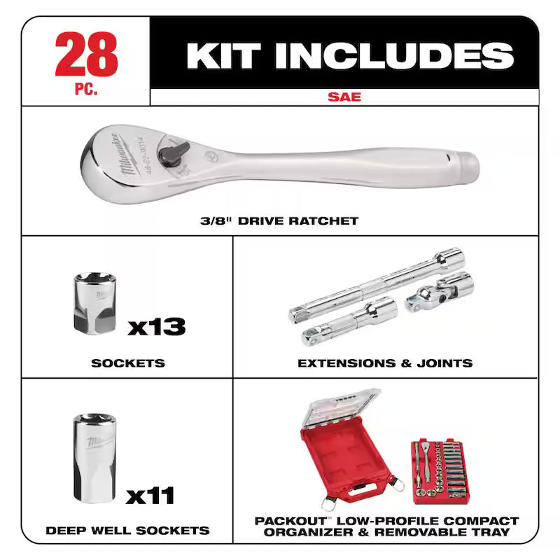 3/8 in. Drive SAE Ratchet and Socket Mechanics Tool Set 28-Piece B969