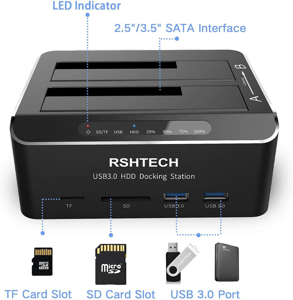 USB 3.0 Aluminum Dual Bay Hard Drive Dock with SD TF Card Reader M18614