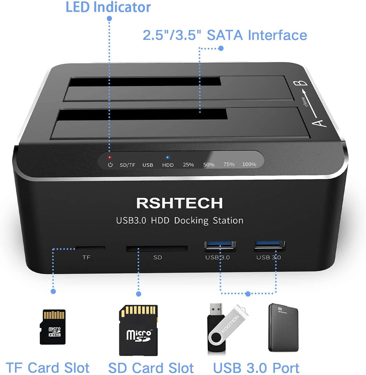 USB 3.0 Aluminum Dual Bay Hard Drive Dock with SD TF Card Reader M18614