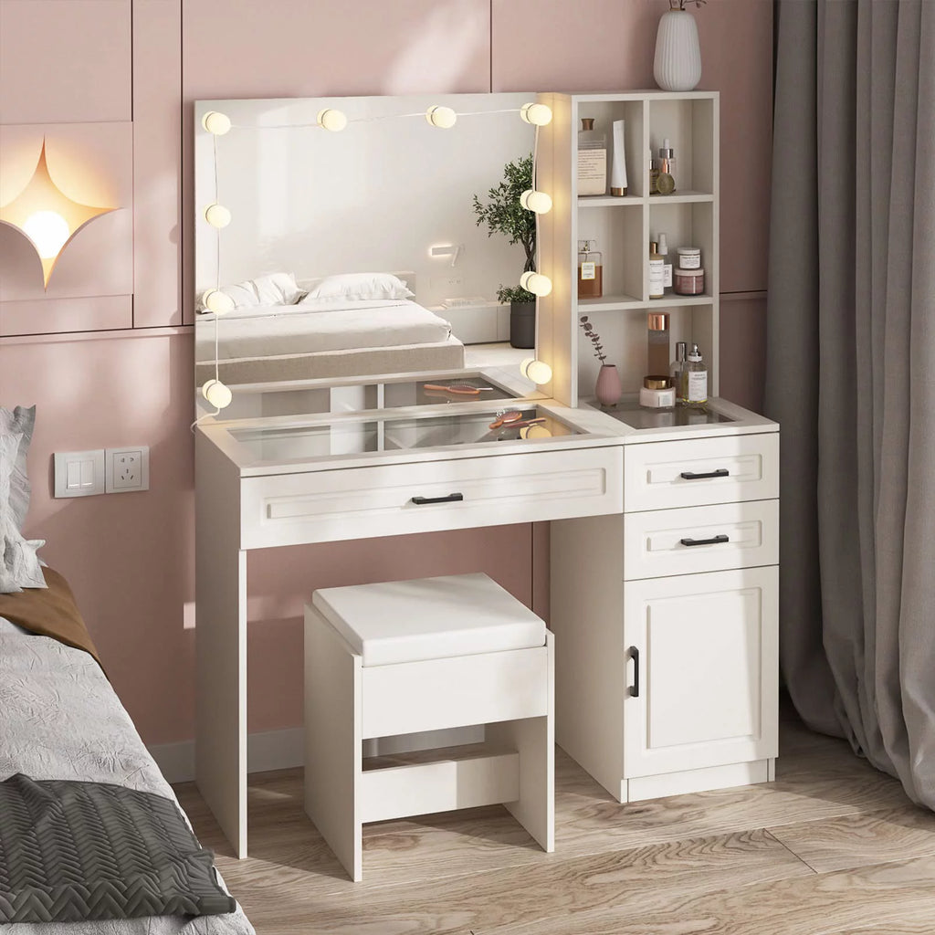 White 45in Vanity Desk Set with Lighted Mirror and Glass Desktop C9283