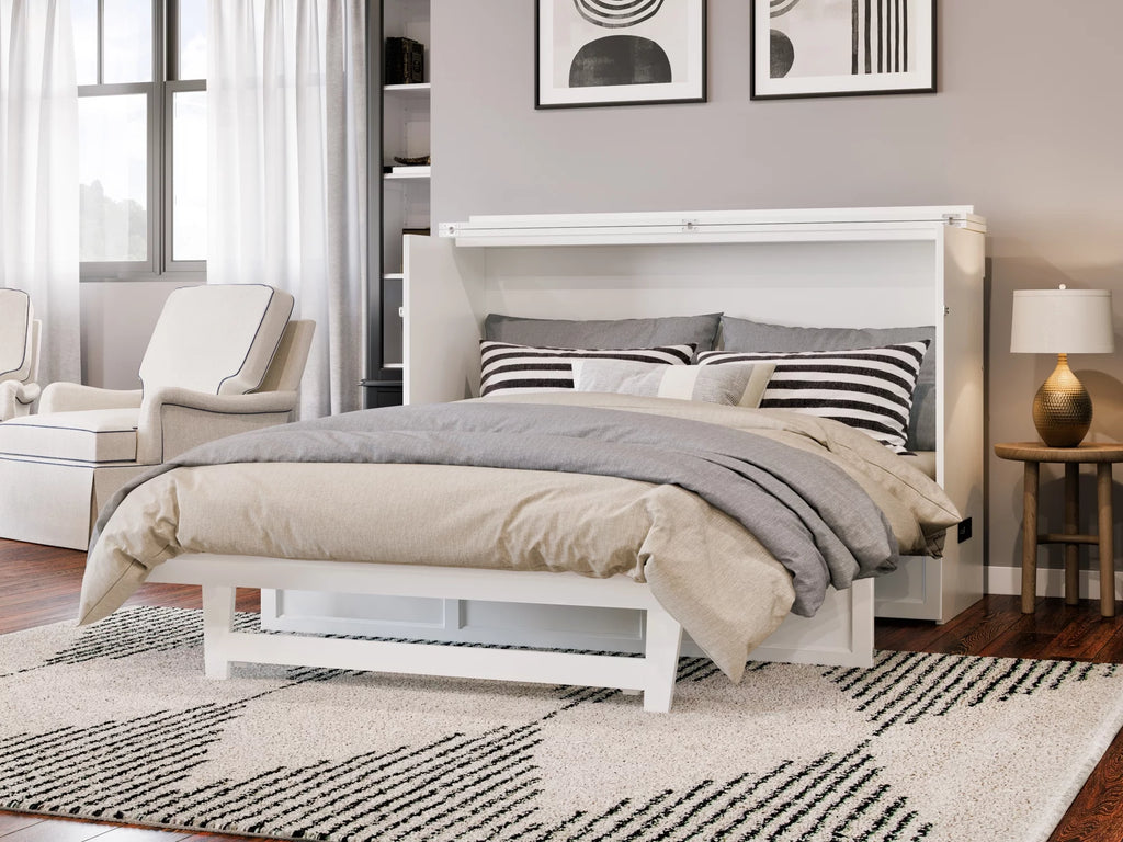 Queen Solid Wood Murphy Bed Chest with Mattress, Drawer & Charger, White Y60641