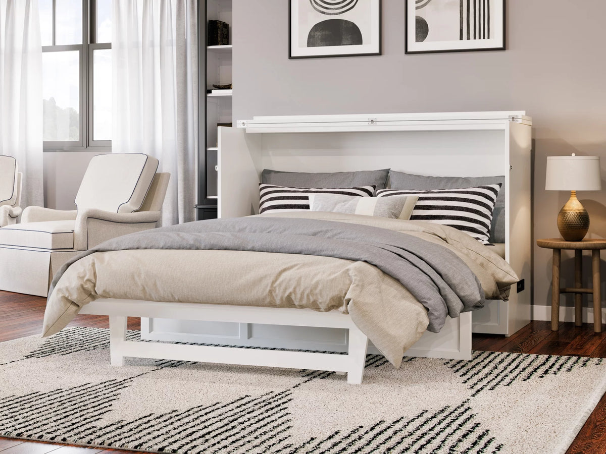 Queen Solid Wood Murphy Bed Chest with Mattress, Drawer & Charger, White Y60641