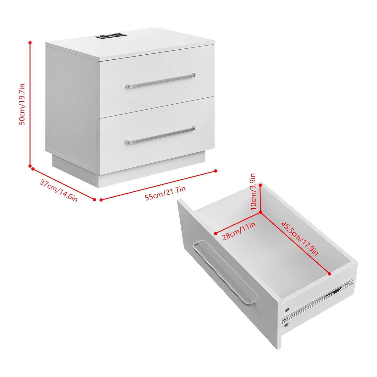 White High Gloss End Table with Charging Station and Storage Drawer O24834